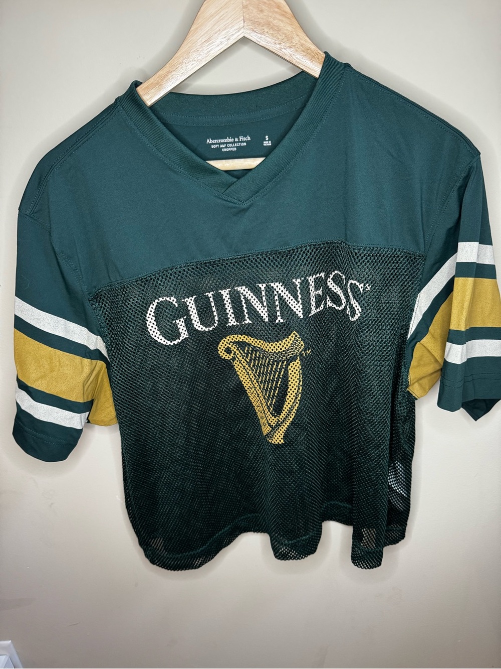 Abercrombie & Fitch Green Mesh Guinness Logo Tee with Gold Accents